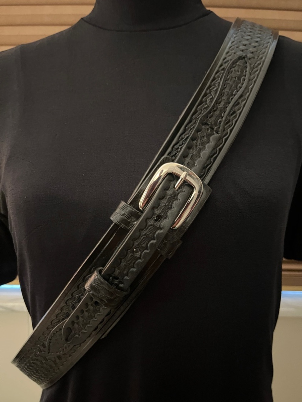 Cabela's Black Tooled Leather Western Belt with Silver Buckle